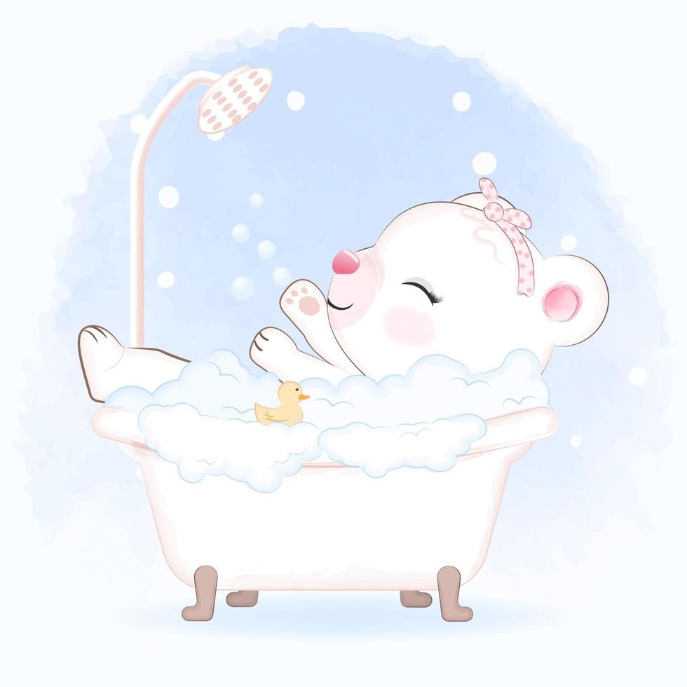 oso tomando un baño en la bañera ilustración de dibujos animados vector