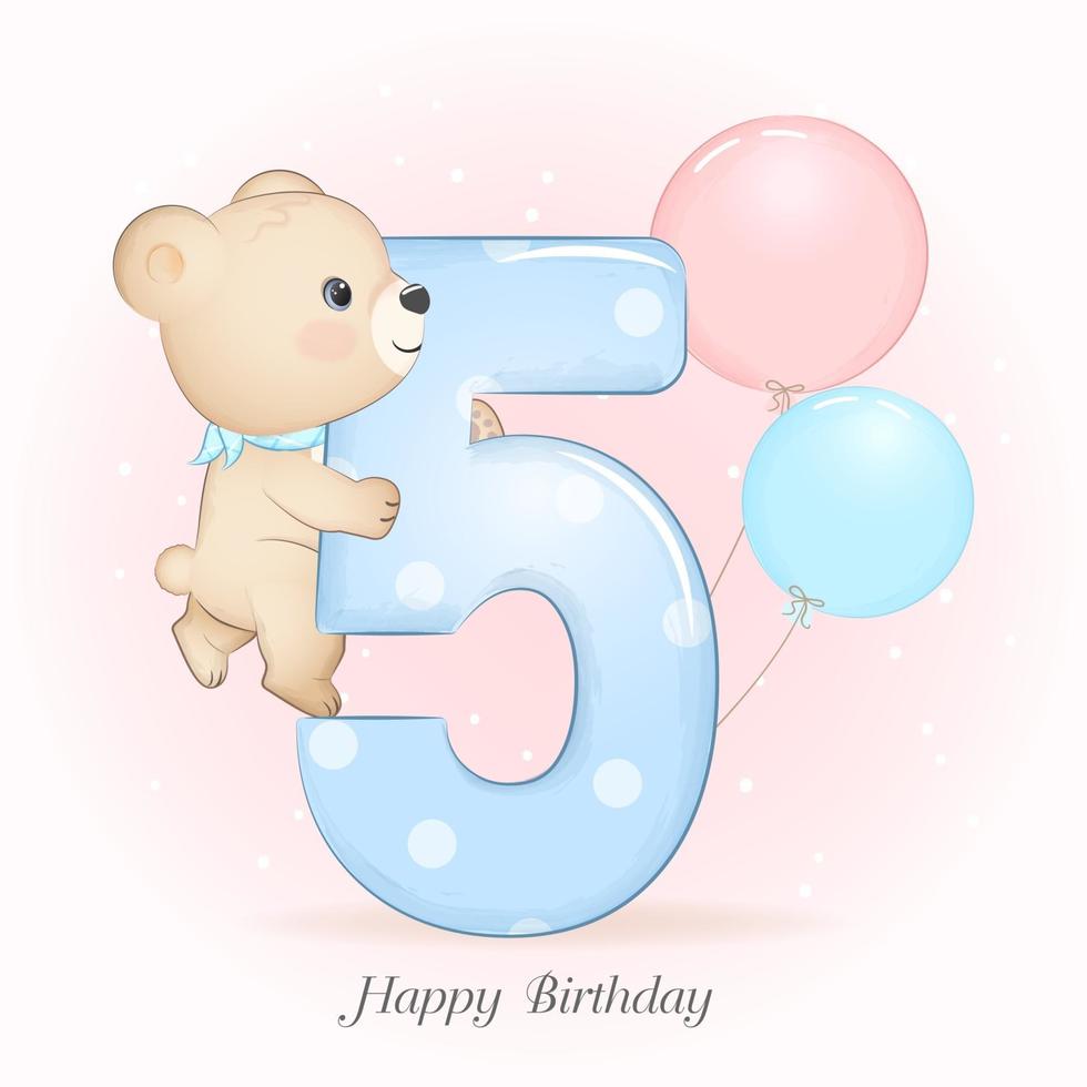oso fiesta de cumpleaños con el número 5 vector