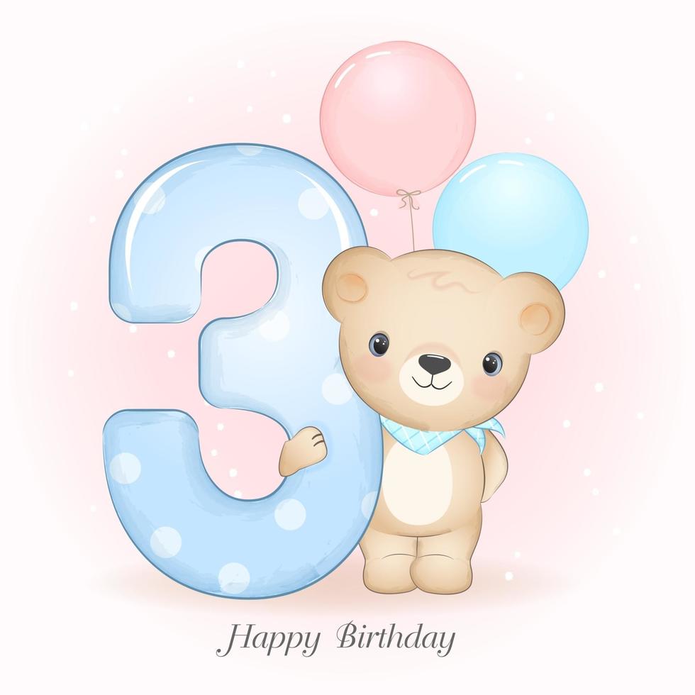 oso fiesta de cumpleaños con el número 3 vector