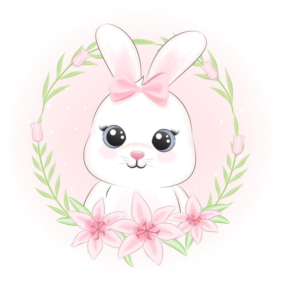 Cute Rabbit and flora frame watercolor illustration vector