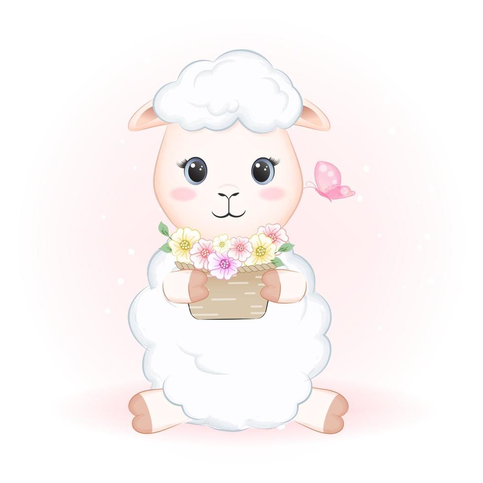 Cute Little Sheep and flowers in basket vector