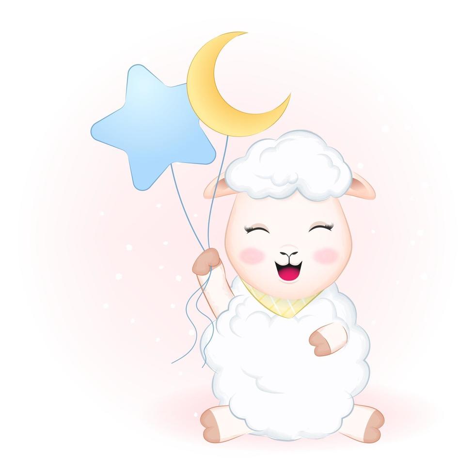 Cute little sheep holding and balloons vector