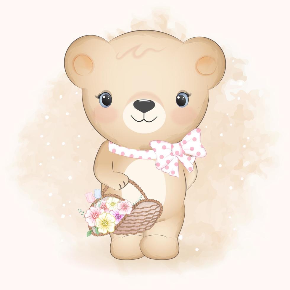 Bear holding flowers in basket vector