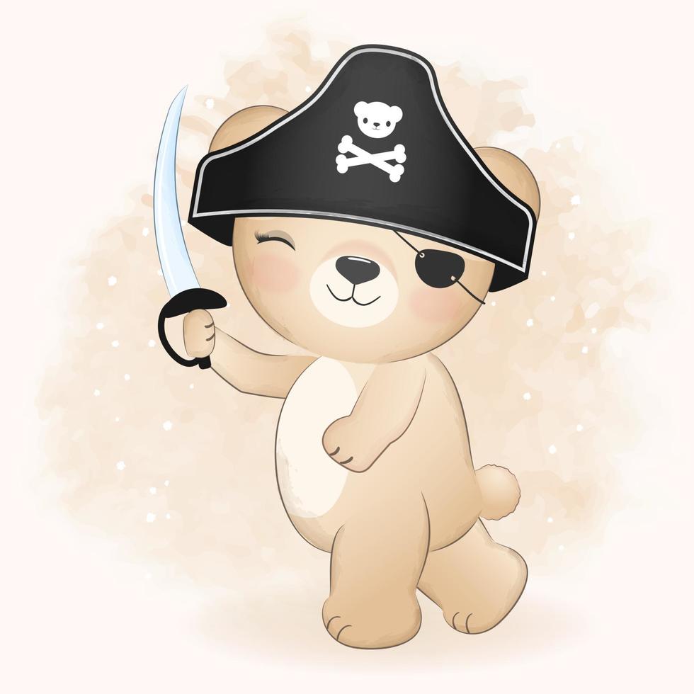 Cute pirate bear watercolor illustration vector