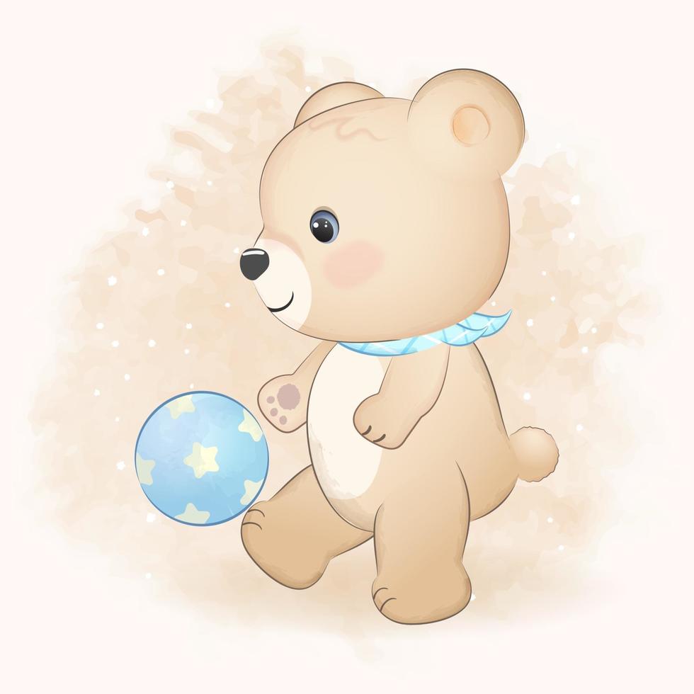 Teddy bear playing football hand drawn illustration vector