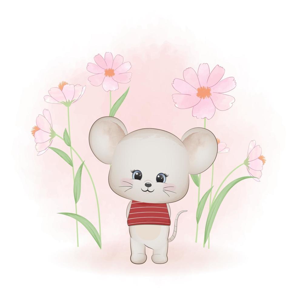 Little mouse and and cosmos flower vector