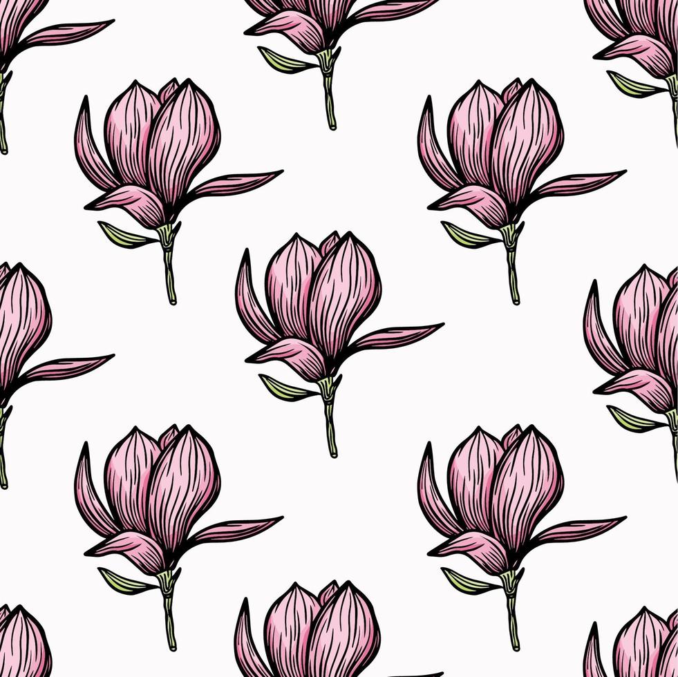 Pattern seamless with black magnolia outline. Spring flower hand drawn vector illustration. Black and white with line art on white backgrounds