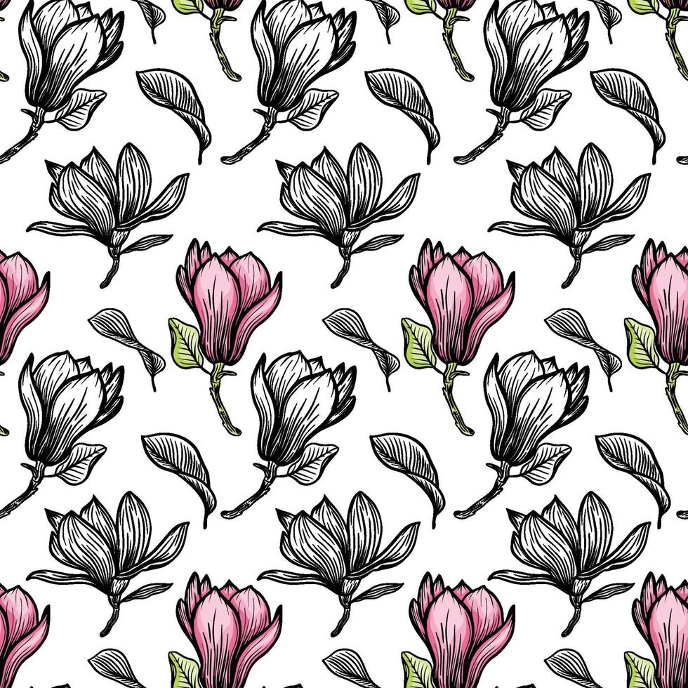 patrón transparente con contorno de magnolia negra. Ilustración de vector dibujado a mano de flor de primavera. blanco y negro con arte lineal sobre fondos blancos