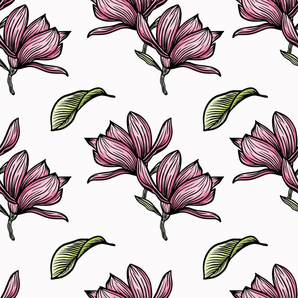 Pattern seamless with black magnolia outline. Spring flower hand drawn vector illustration. Black and white with line art on white backgrounds