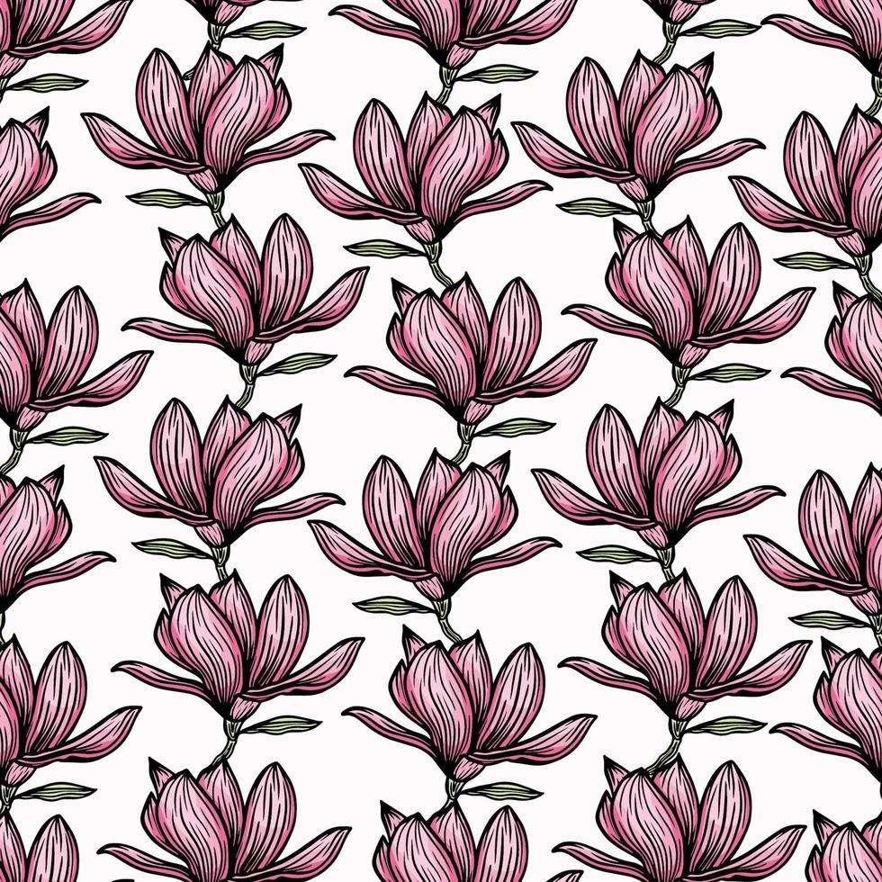 patrón transparente con contorno de magnolia negra. flores de primavera dibujadas a mano ilustración vectorial. blanco y negro con arte lineal sobre fondos blancos vector