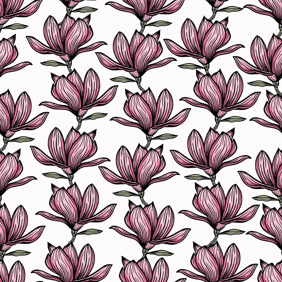 Pattern seamless with black magnolia outline. Spring flowers hand drawn vector illustration. Black and white with line art on white backgrounds