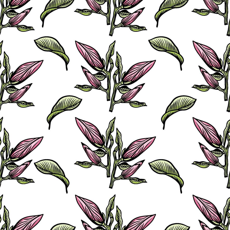 Pattern seamless with black magnolia outline. Spring flower hand drawn vector illustration. Black and white with line art on white backgrounds