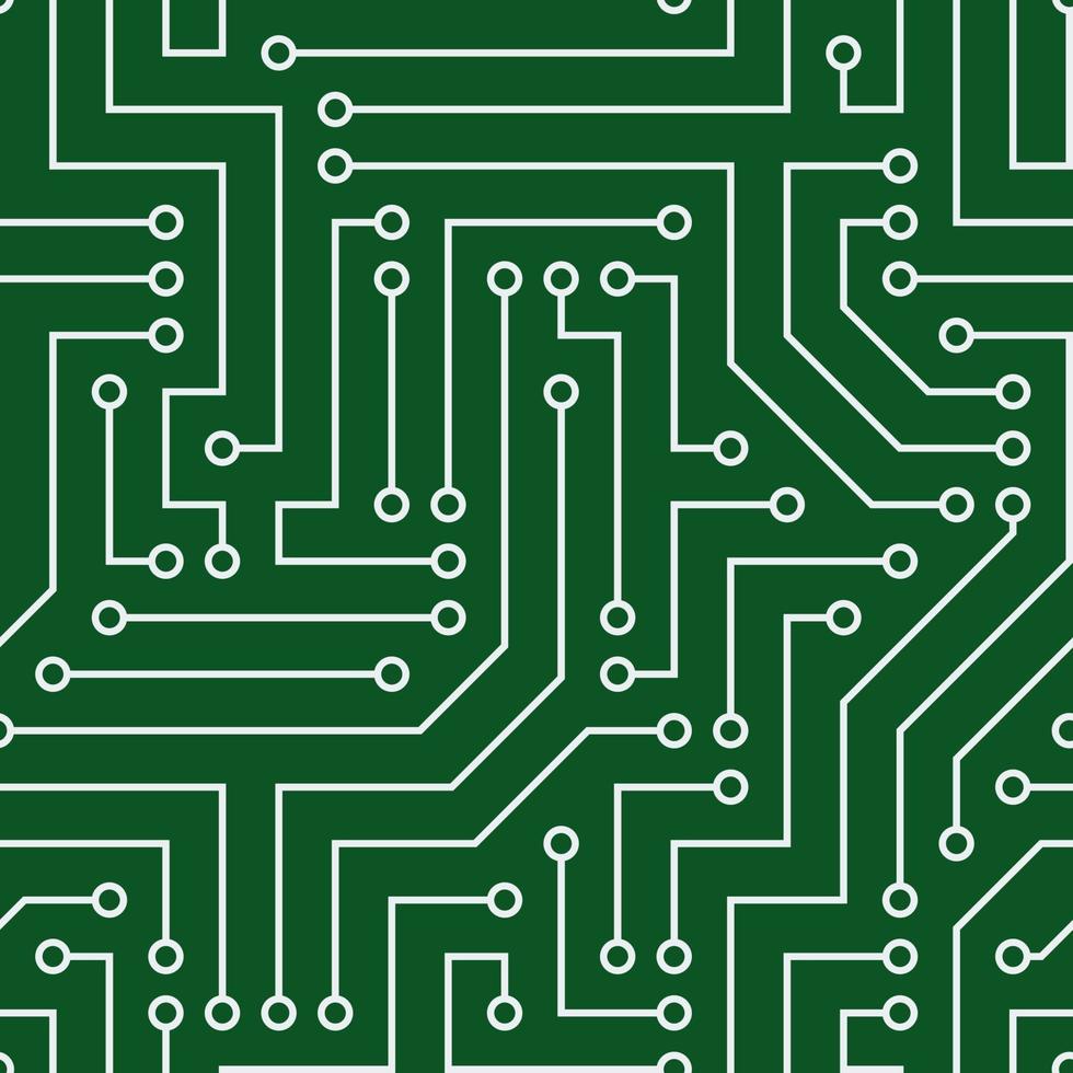 Seamless pattern with chip. Gray wires, green background. Vector image. Suitable for technical sites and printing.