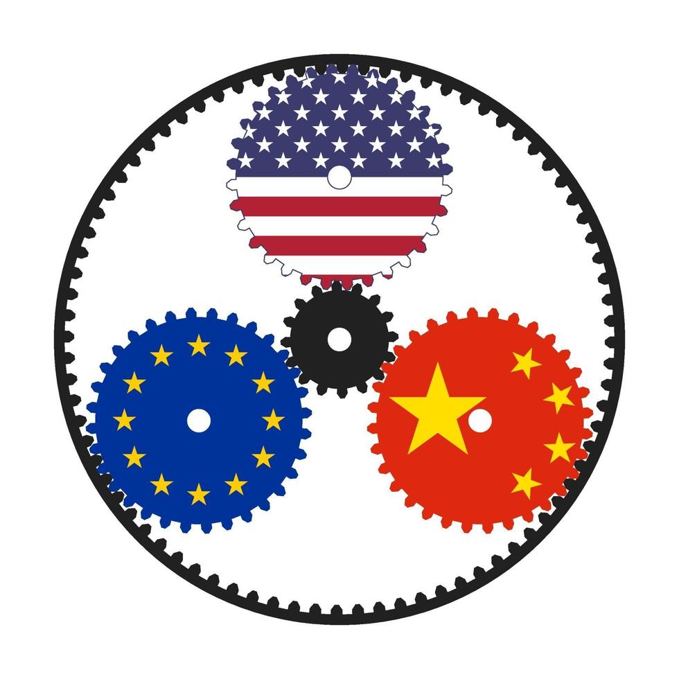 Planetary gear with flags of USA, EU and China. An illustrative scheme of world politics and economy. vector