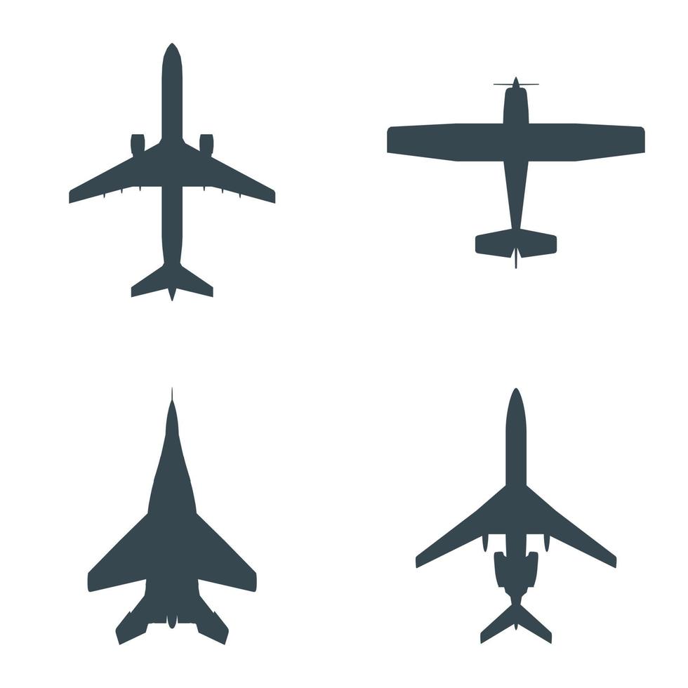 un conjunto de cuatro siluetas de aviones, tanto civiles como militares. vector eps10.