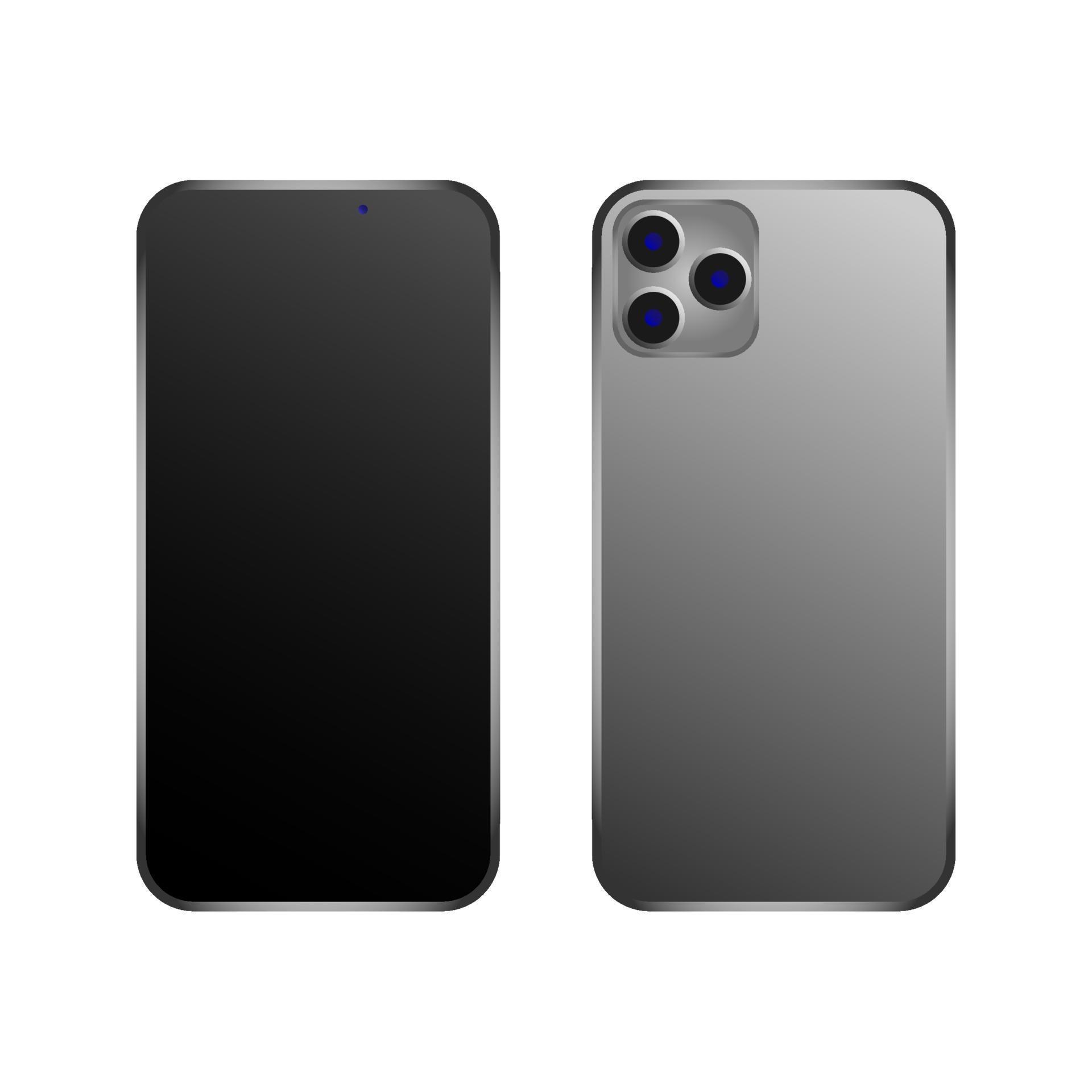 Vector mockup of smartphone with three cameras. Front and back views. Suitable for design of web pages, icons, banners, printing. Abstract model of an abstract manufacturer.