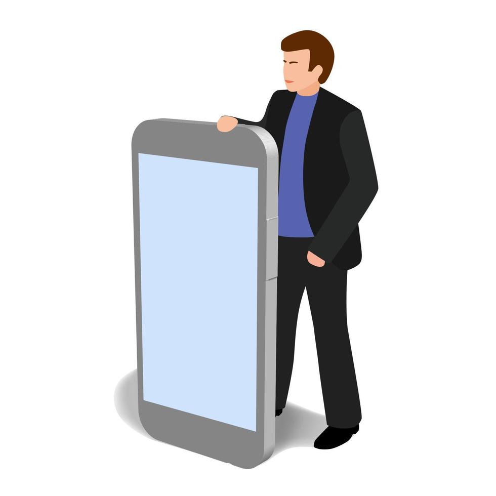 Man with a big mobile phone. Vector isometric clip-art in cartoon style. Good illustration for any mobile app.