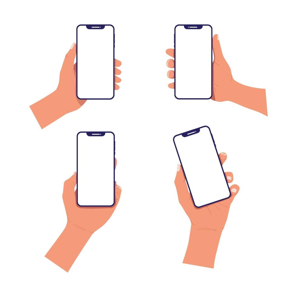 Set of hands holding smart phones with blank white screen vector