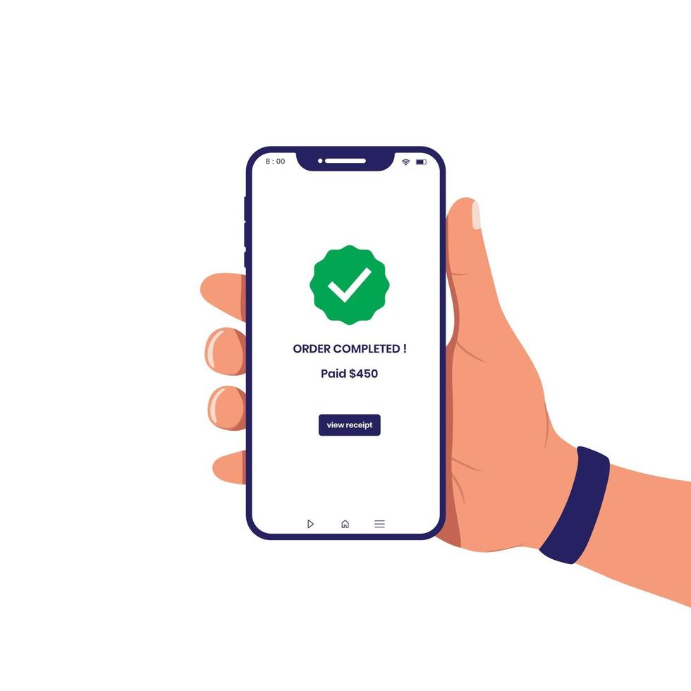 Mano sujetando el teléfono inteligente con mensaje de pedido completado en pantalla vector