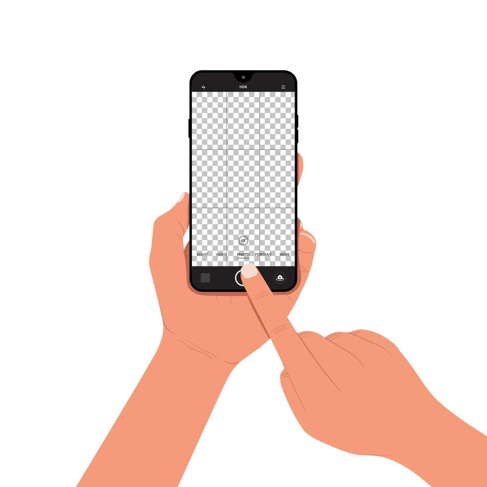 Hand holding smart phone with camera viewfinder open on screen vector