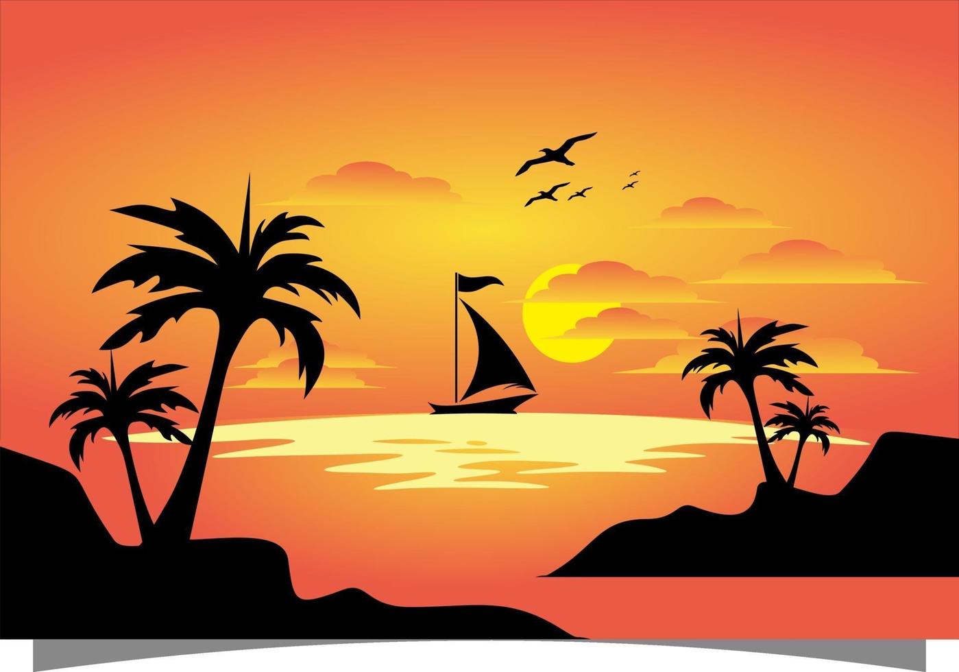 Orange background with boat and sunset vector