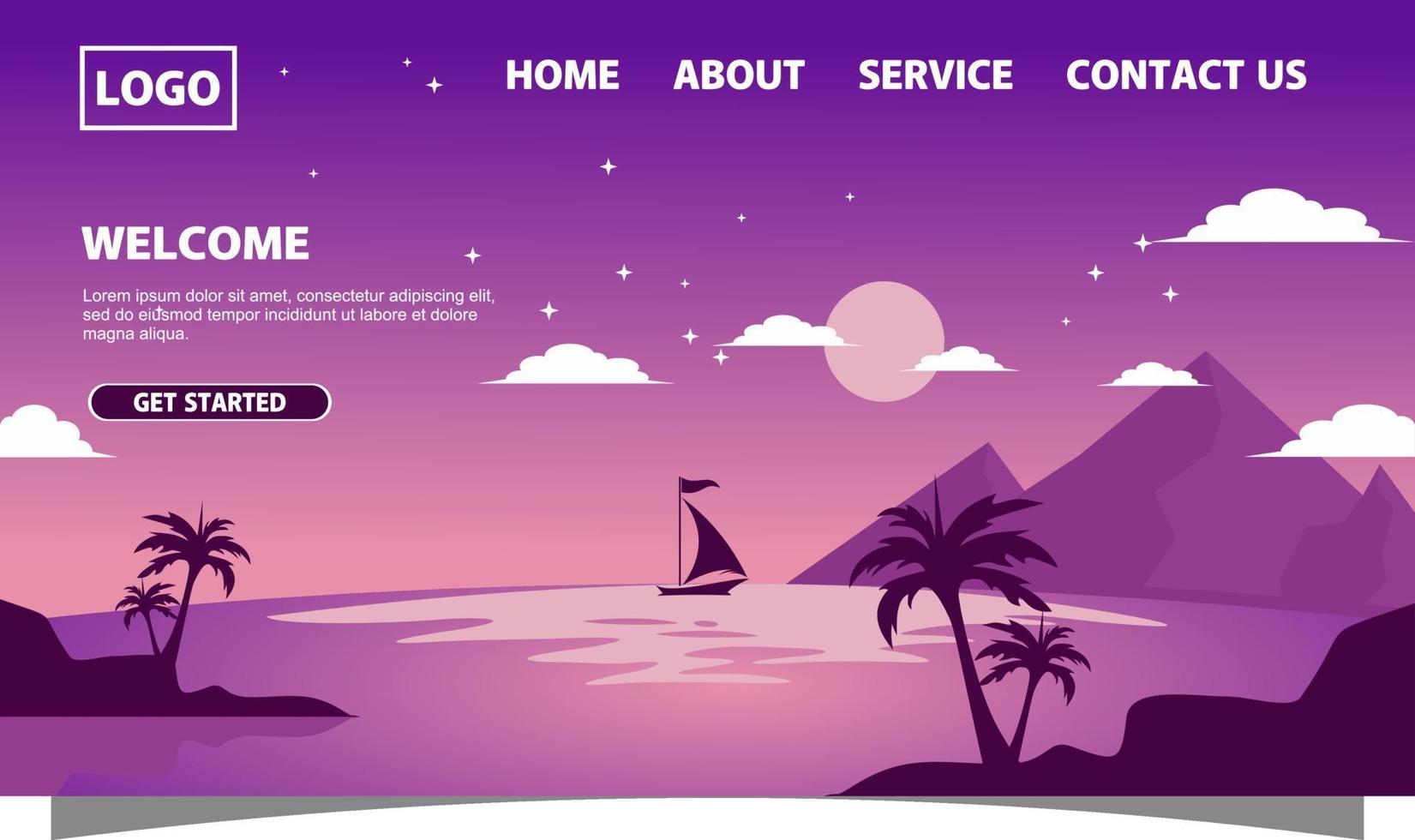 Landing page with purple background and boat on full moon night vector