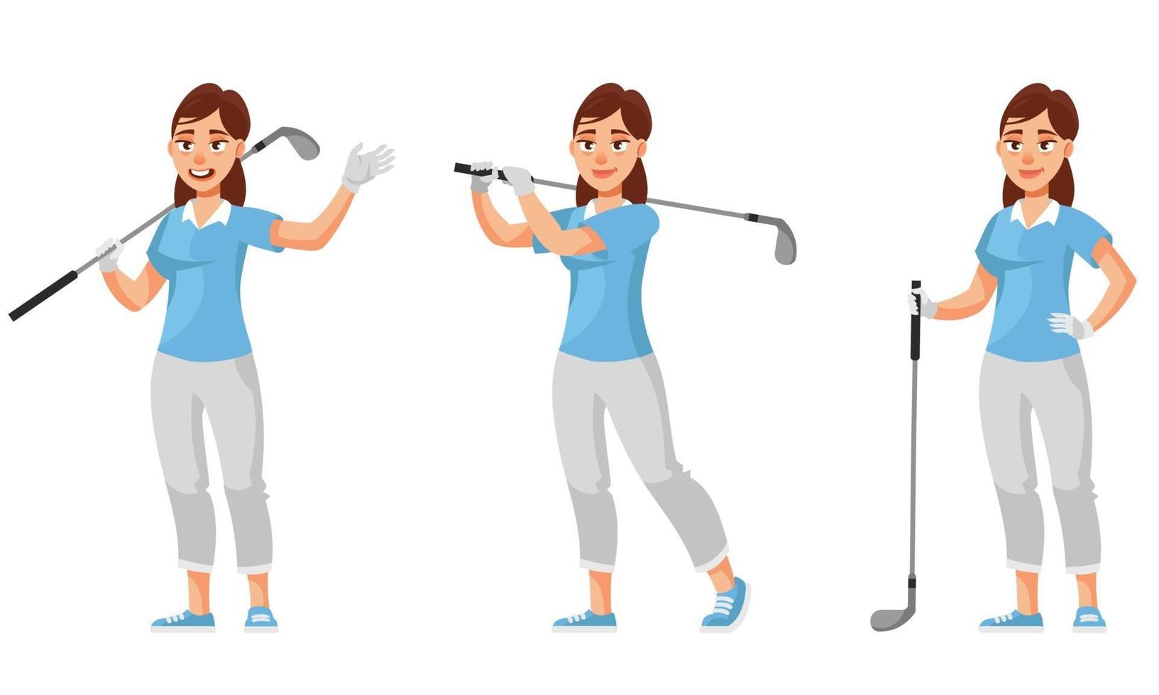 Female golfer in different poses. vector