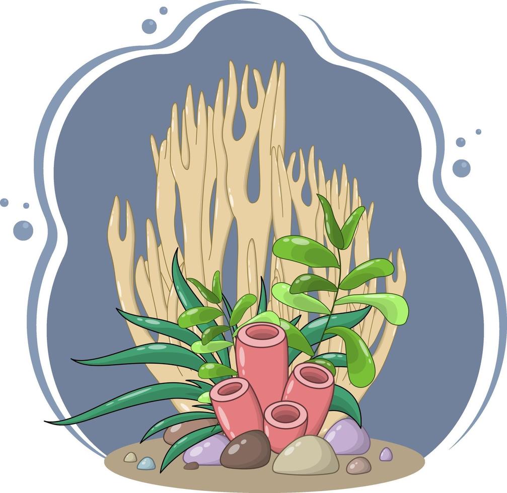 Vector composition of large yellow and red corals, green seaweeds and stones on a dark blue background