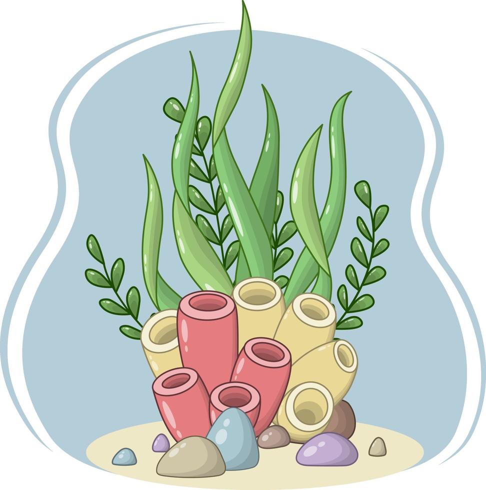 Vector composition of red and yellow corals, colorful stones and various algae on a blue isolated background