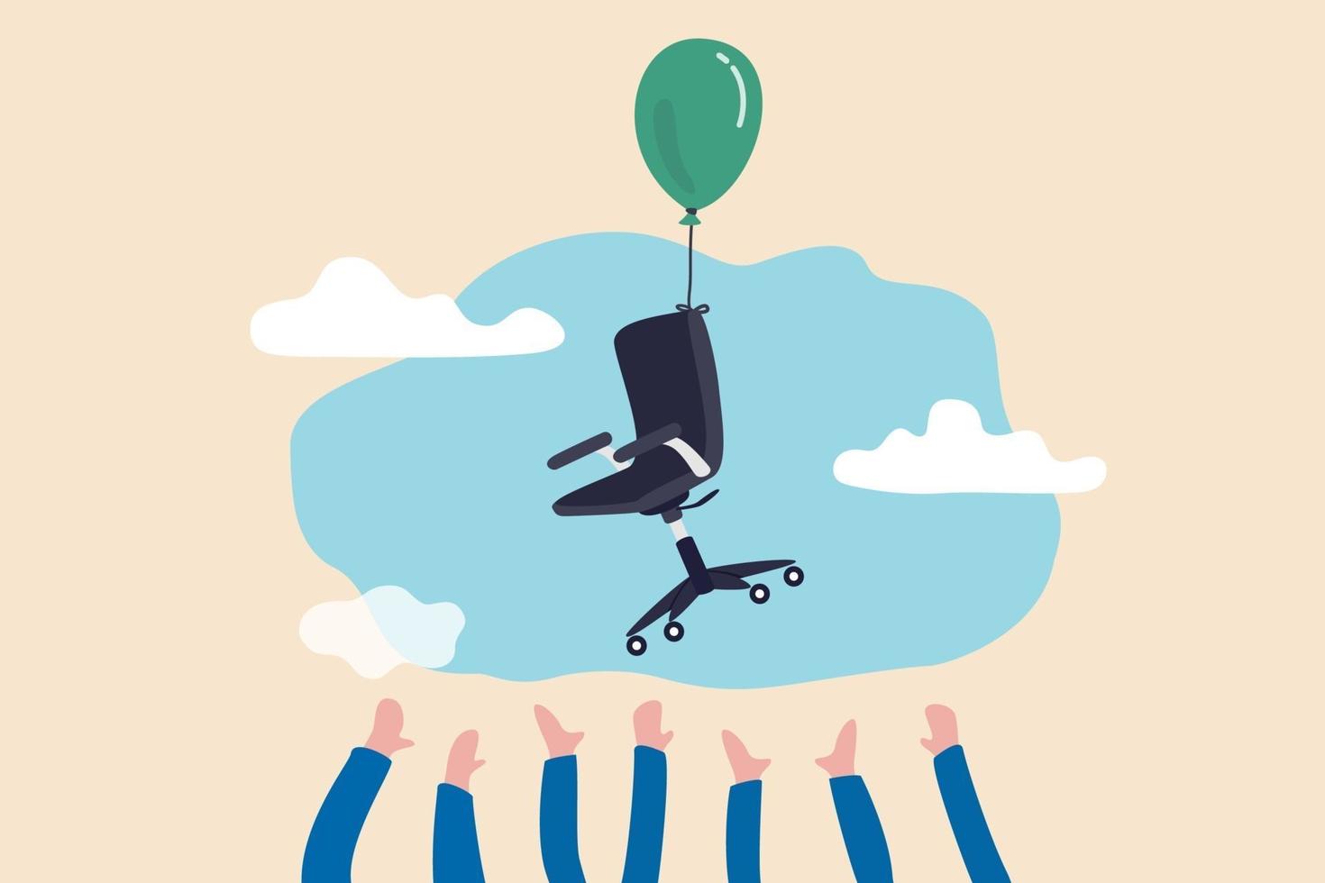 Candidate grabbing vacancy chair, human resources, HR recruitment concept, candidates hand trying to grab office chair flying in the air with balloon. vector