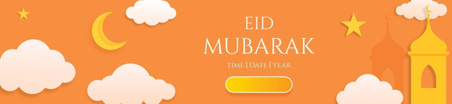 Banner horizontal 3d eid mubarak o plantilla de encabezado con nubes de luna y estrellas vector