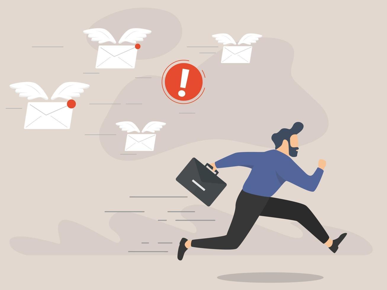un hombre de negocios asustado huye de muchos correos electrónicos que lo persiguen vector