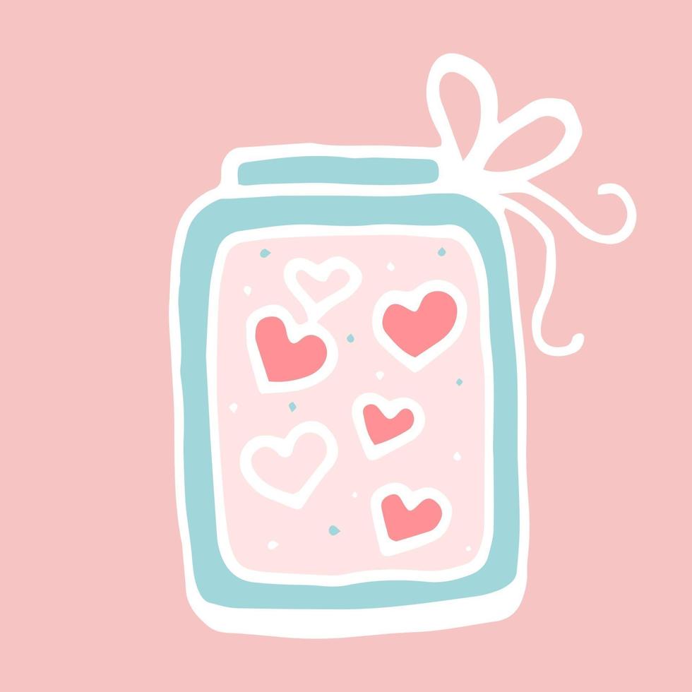 Glass magic jar with hearts, Cute bottle symbol for lovers, Magic container with love and passion, C ticker for lovers, Hand draw, Doodle style. vector