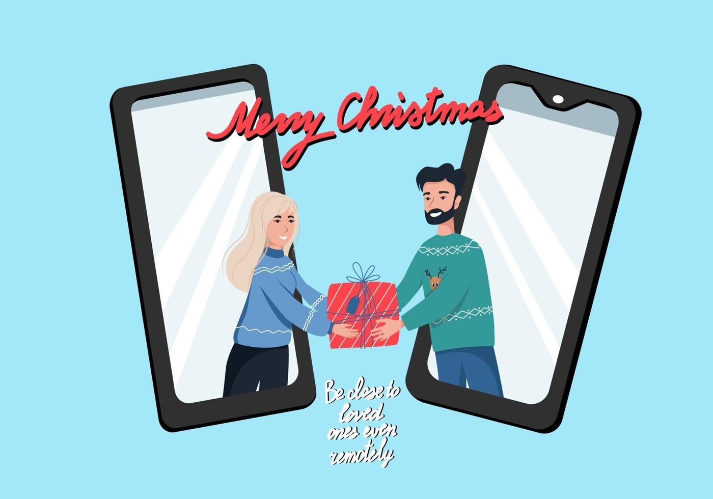 concepto de regalos en línea para Navidad, un chico envía a una chica un regalo en línea, las personas se entregan una caja de regalo desde teléfonos inteligentes, saludo navideño por teléfono, ilustración plana vectorial. vector