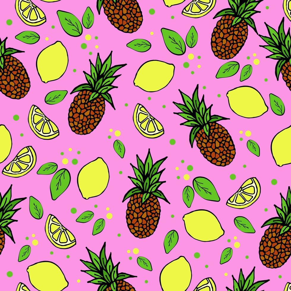 patrón transparente con limones y piñas, frutas exóticas tropicales, patrón floral, hojas verdes y puntos, ilustración vectorial en estilo doodle. vector