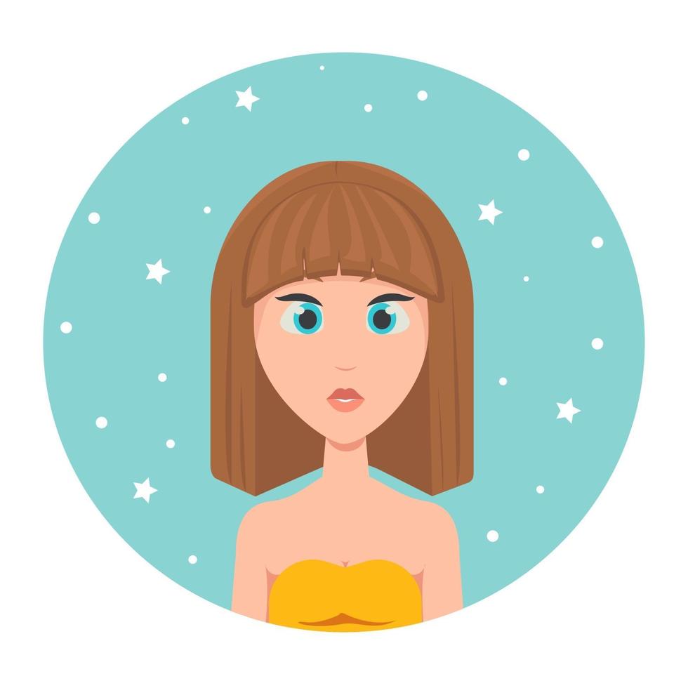 Avatar of a brunette girl with long hair and big blue eyes, vector illustration in flat style.