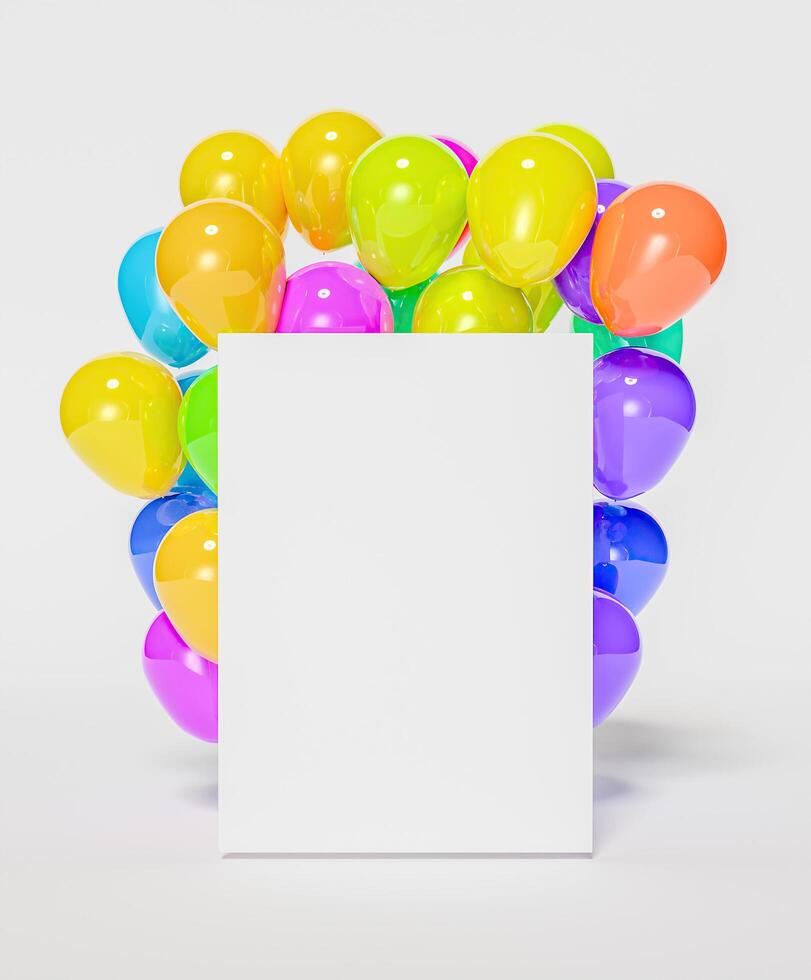 maqueta de marco en blanco con globos detrás foto