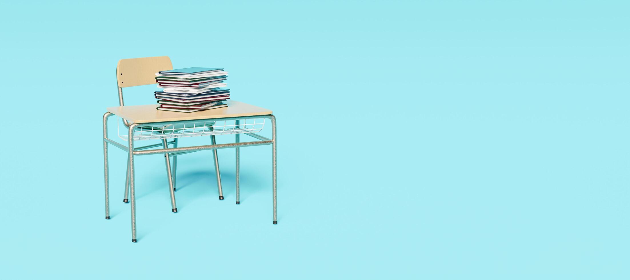 Blue banner with solitary school desk photo