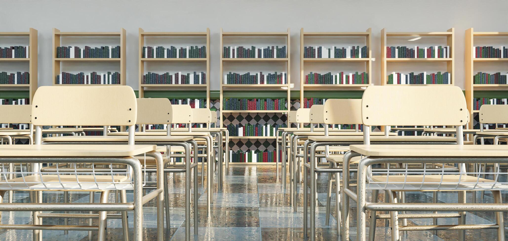 Rows of school desks in classroom with shelves full of books 2278396