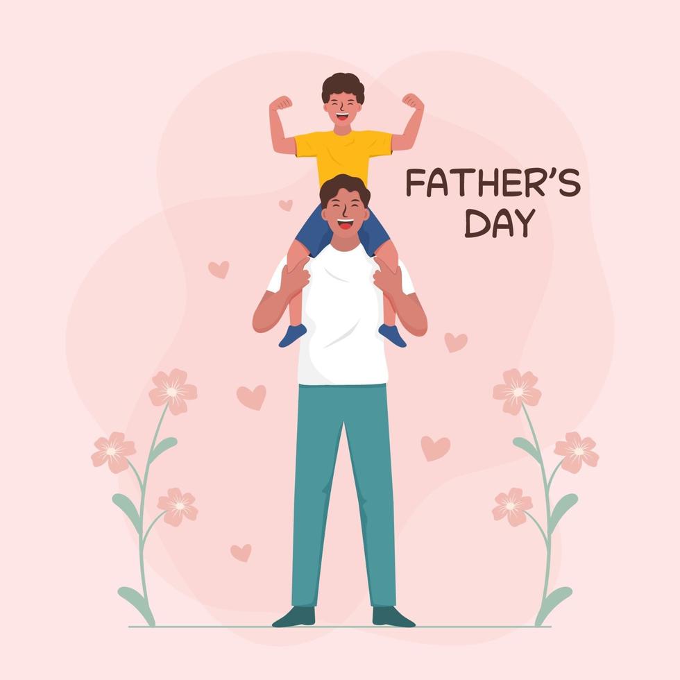 feliz celebración del día del padre. un niño pequeño sentado en el hombro de su papá. vector