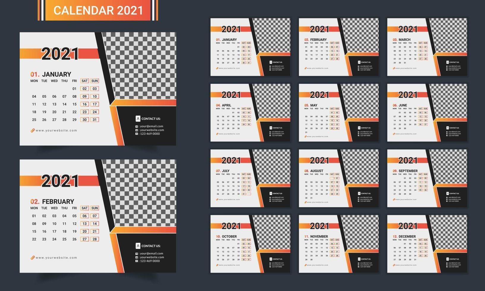 Plantilla de calendario de escritorio moderno de 12 páginas. vector