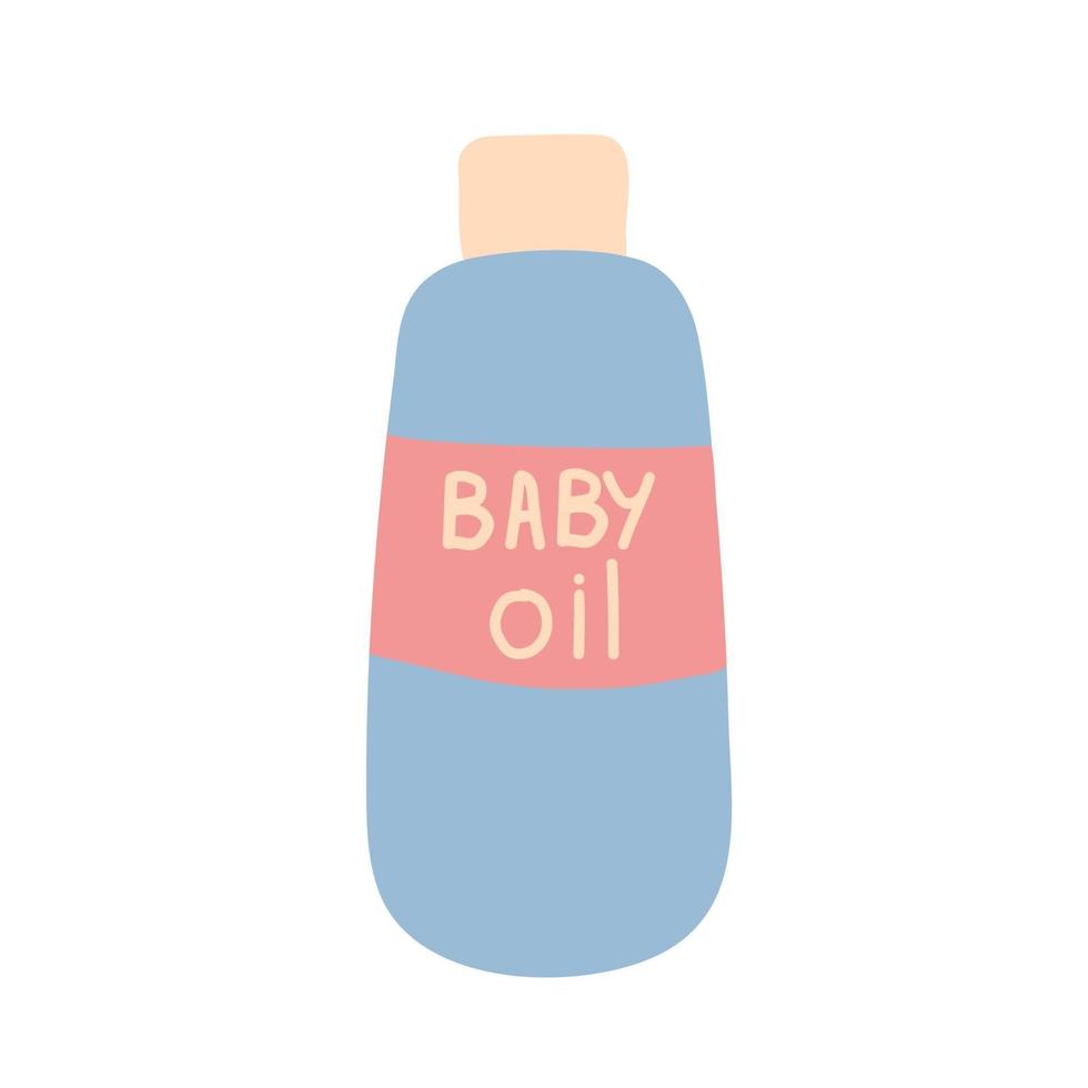 Bottle with baby oil, baby cosmetics, items for children, vector clip art