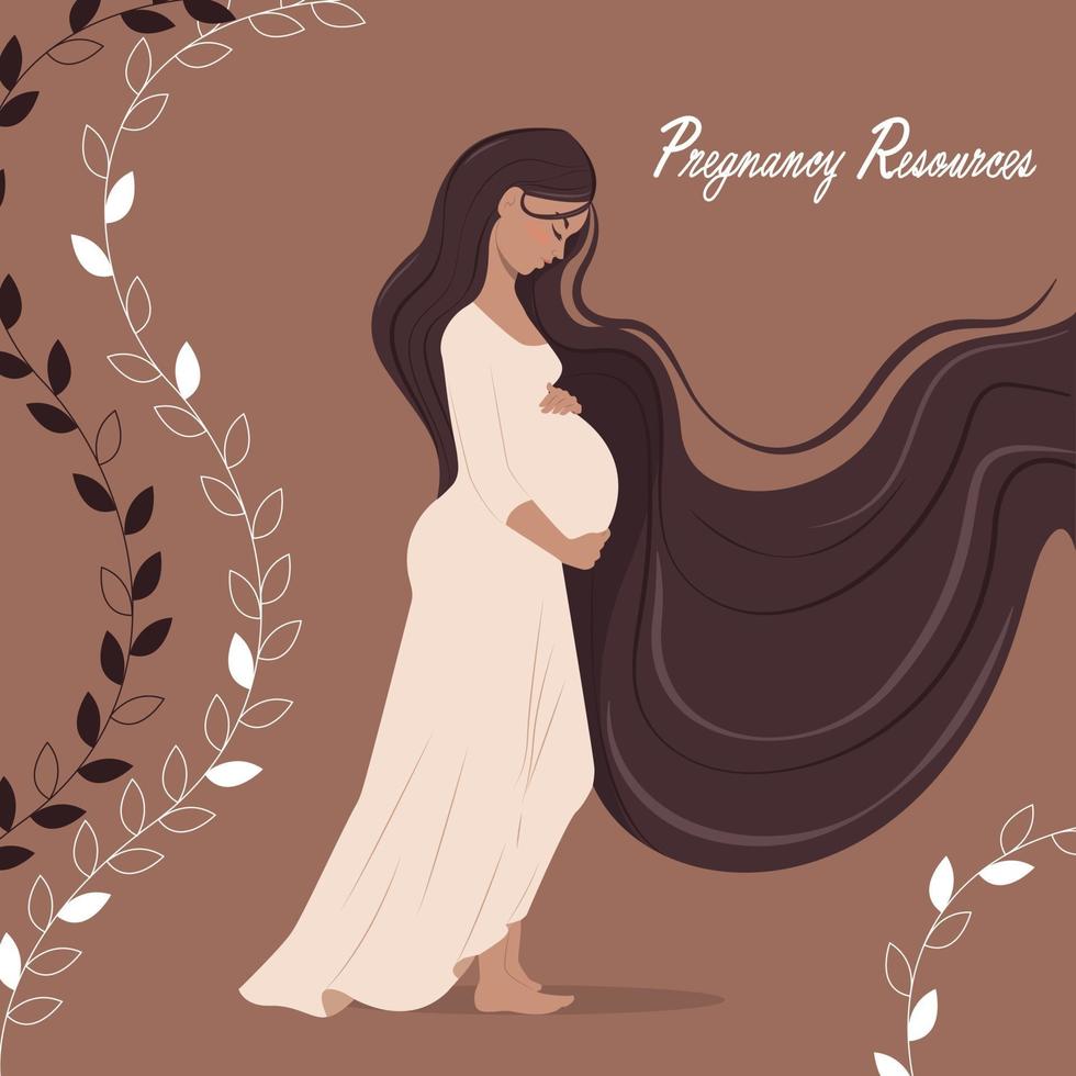 Happy pregnant woman holding her belly,Type of resources for pregnancy,Slim pregnant women, Flat cartoon vector illustration.