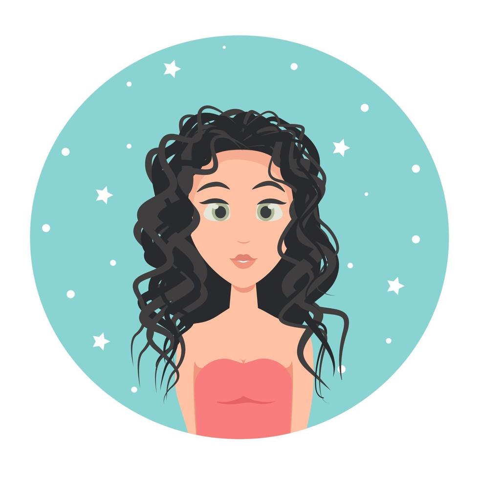 Young woman avatar with long hair and big green eyes, vector illustration in flat style.