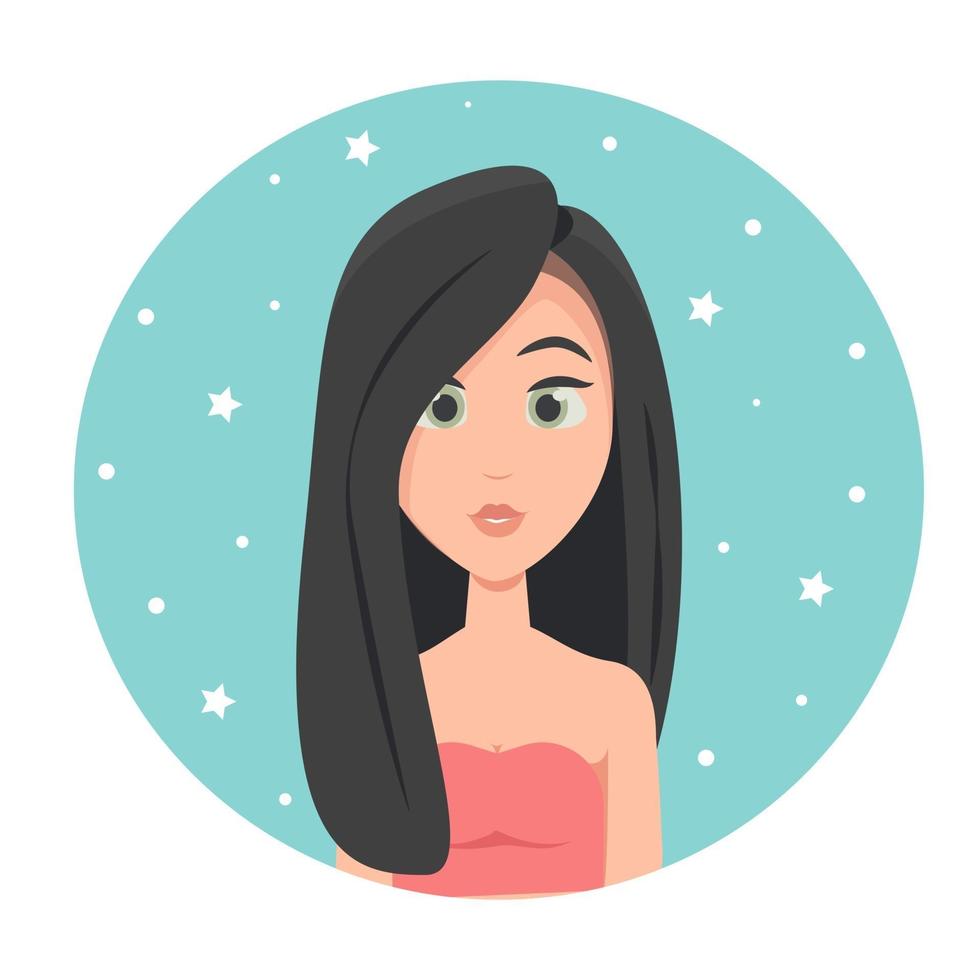 Young woman avatar with long hair and big green eyes, vector illustration in flat style.