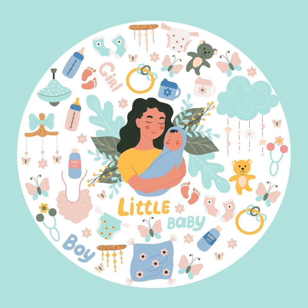 Woman holding a small baby in her arms a set of items for newborns, vector objects in doodle style, colored doodles.