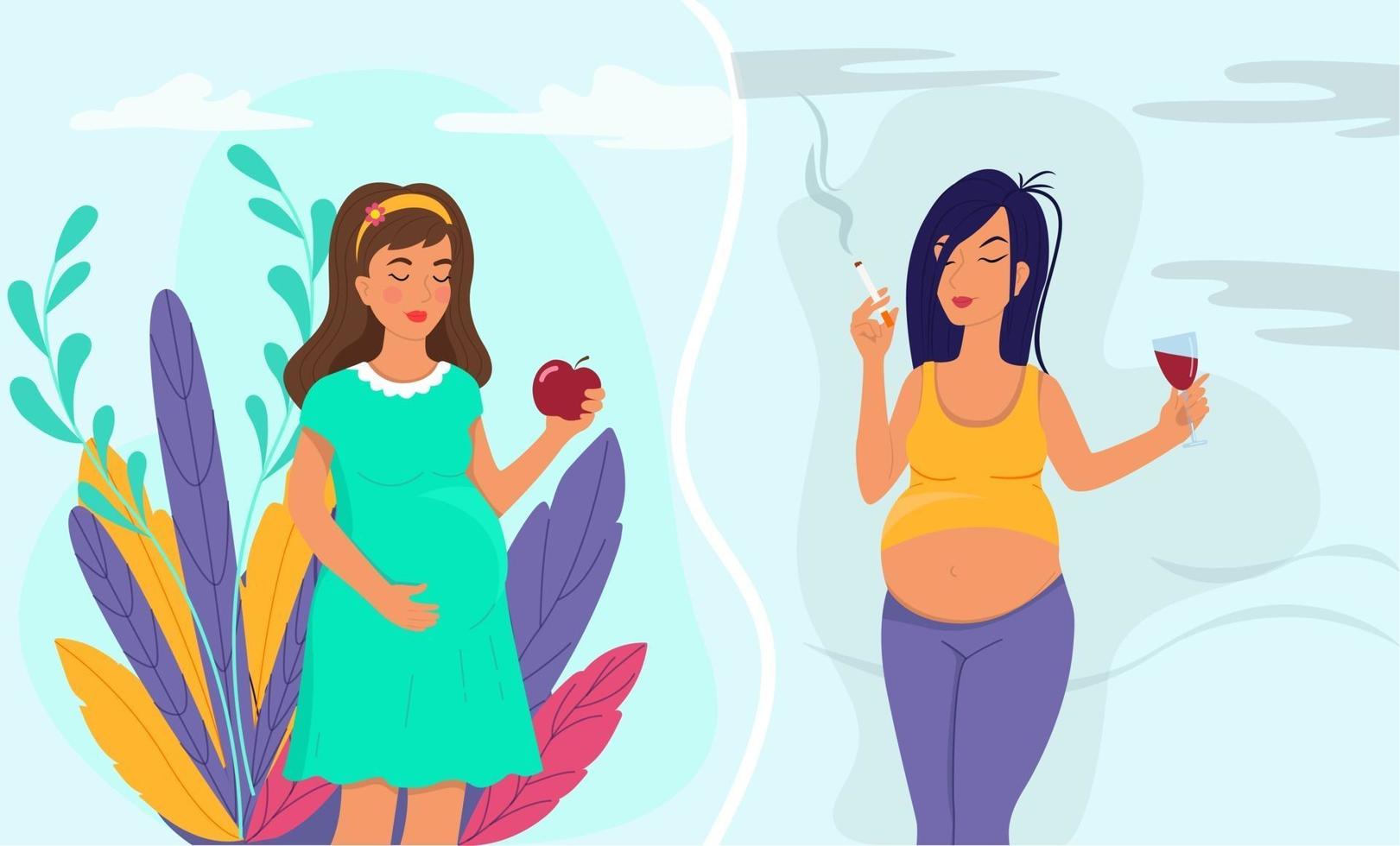 Healthy lifestyle of pregnant woman and unhealthy lifestyle concept. vector