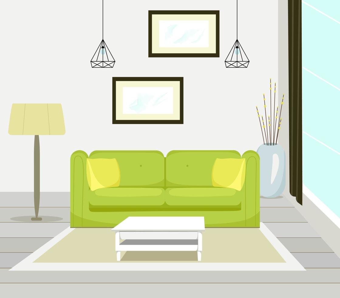 Interior of modern living room with sofa furniture, table, floor lamp, large window, wall painting, vector illustration in flat style.