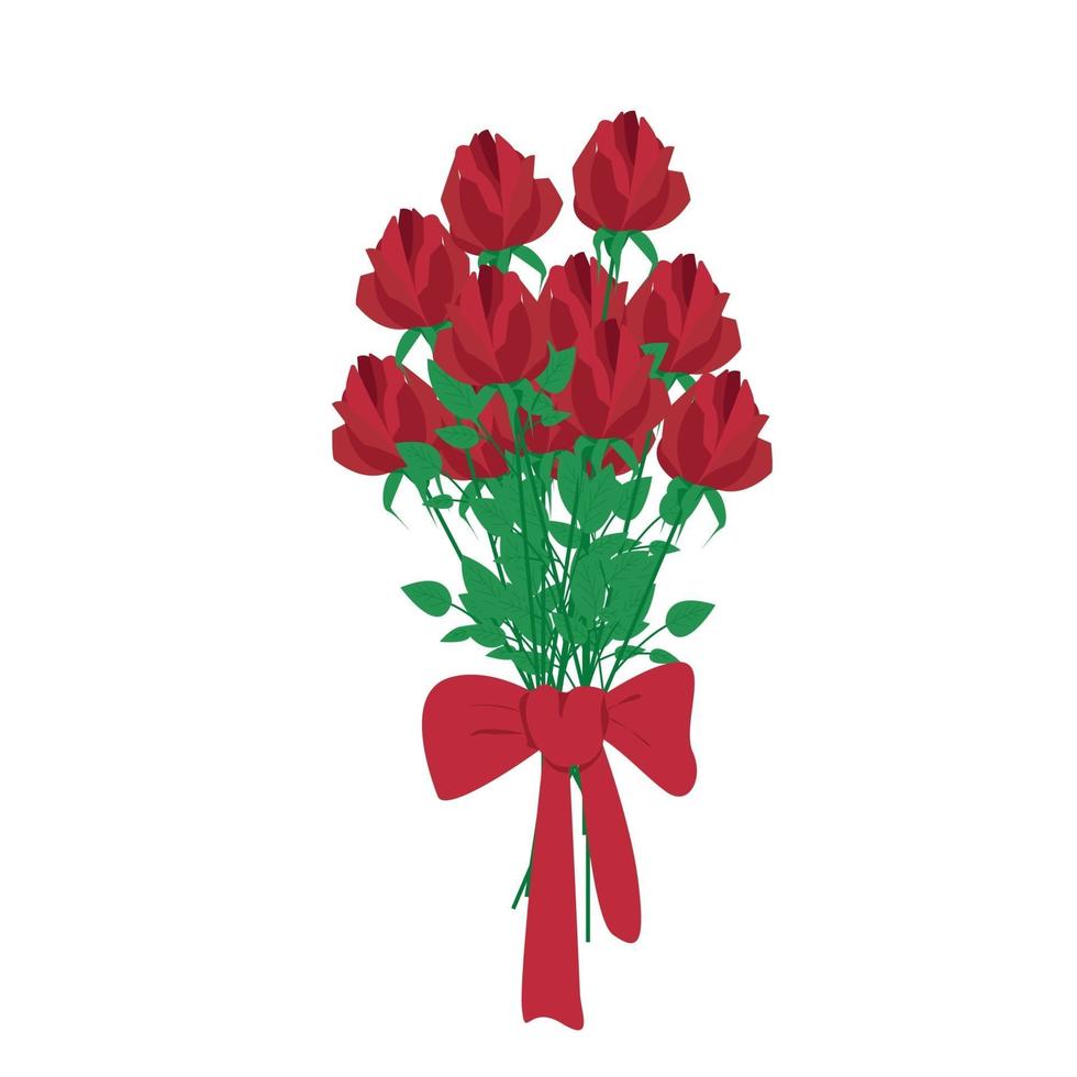 Bouquet of red roses tied with a big red bow, Beautiful elegant bouquet of flowers, Gift for any holiday, vector image, isolate on a white background.