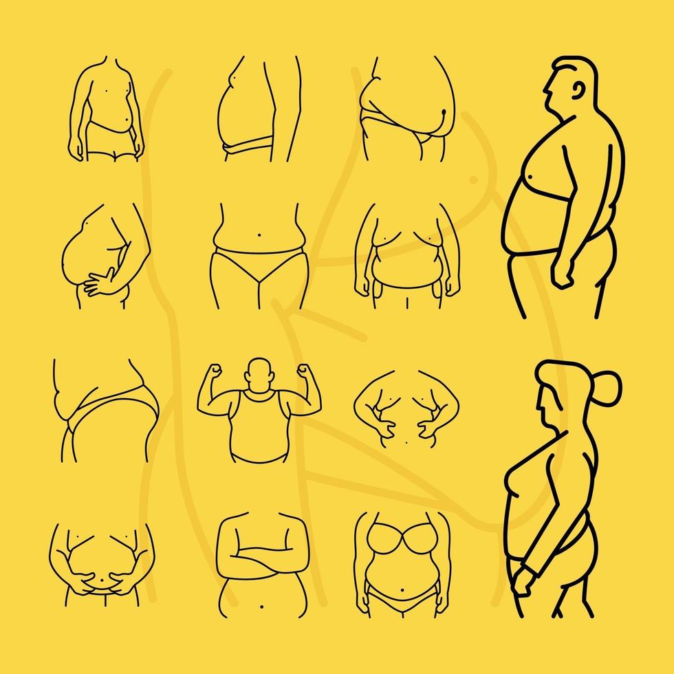 Conjunto de iconos de línea de cuerpo curvilíneo. personas con sobrepeso vector